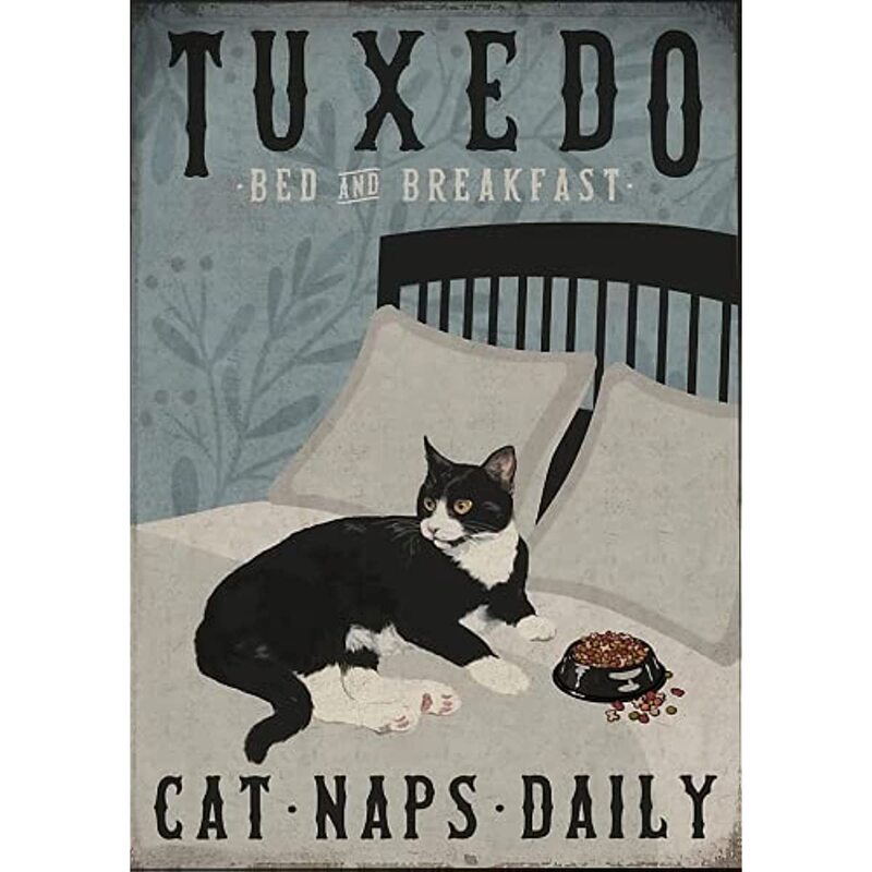 Retro metalowe znak blaszany, Tuxedo legowisko dla kota i śniadanie kot drzemki codzienne plakat do dekoracji, znak blaszany plakat Vintage metalowe tabliczki