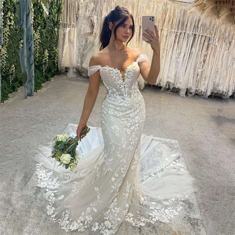 Женское кружевное свадебное платье It's yiiya, белое платье с открытыми плечами на лето 2019