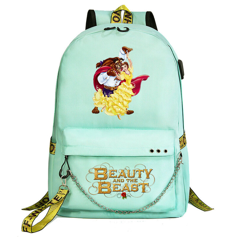 Fashion Disney Beauty and the Beast Backpack Teenager USB Charging Chain Travel Backpack Student College Bookbag Mochila