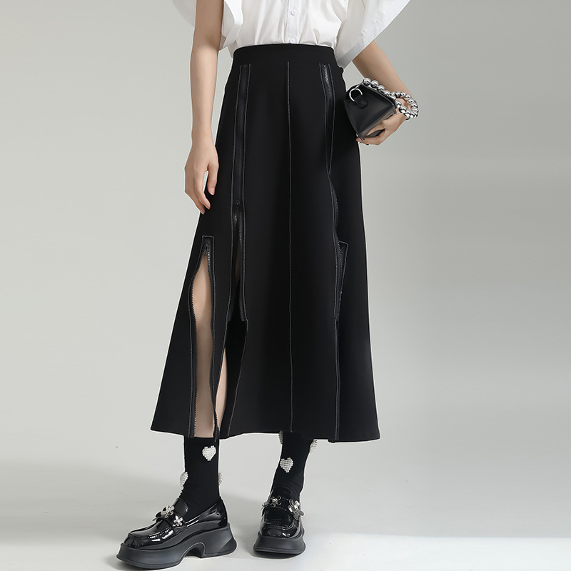 Saia de zíper preto linha A feminina, cintura alta, cobertura de quadril fina, monocromática, comprimento médio, streetwear longa, roupas de rua