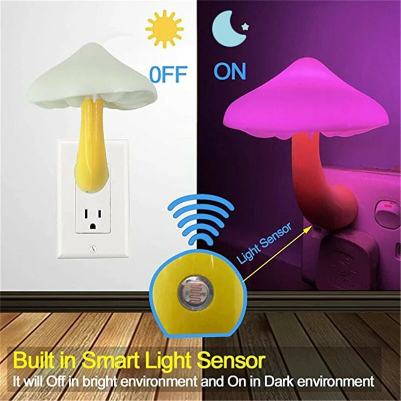 Mushroom Shape Night Lamp for Kid's Room Sensor de Luz, Decoração do Quarto, Lâmpada de Parede, Christmas Gift, Bedside Lamp, US, EU Plug