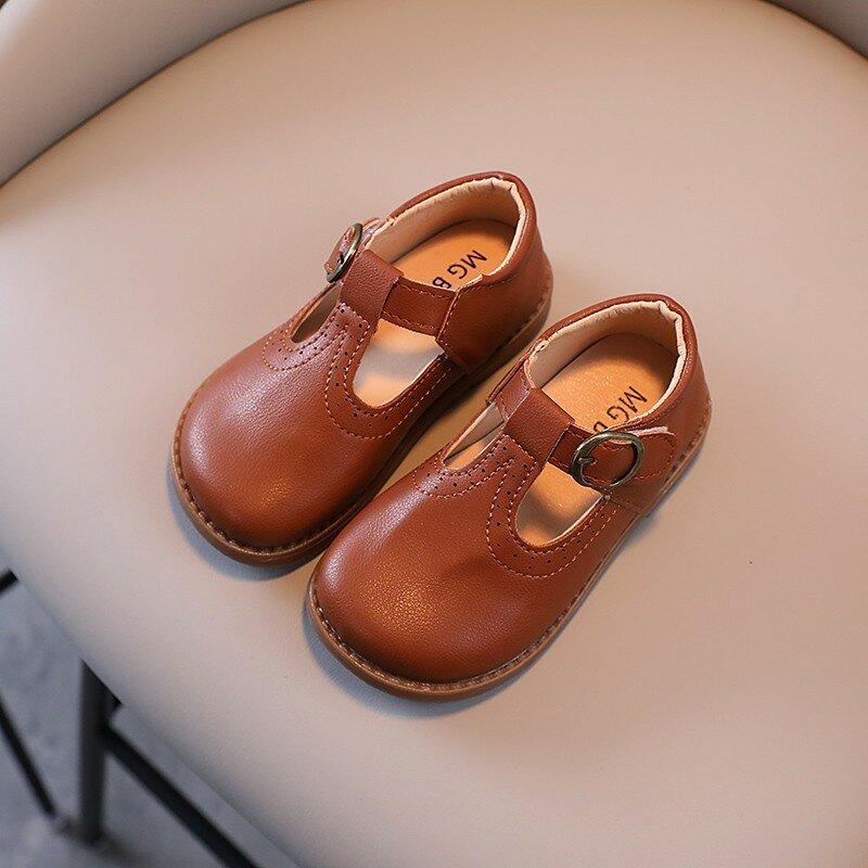 Mary Janes-zapatos de cuero para niña pequeña, zapatillas planas de estilo británico con correa en T, tres colores, Estilo Vintage 21-30