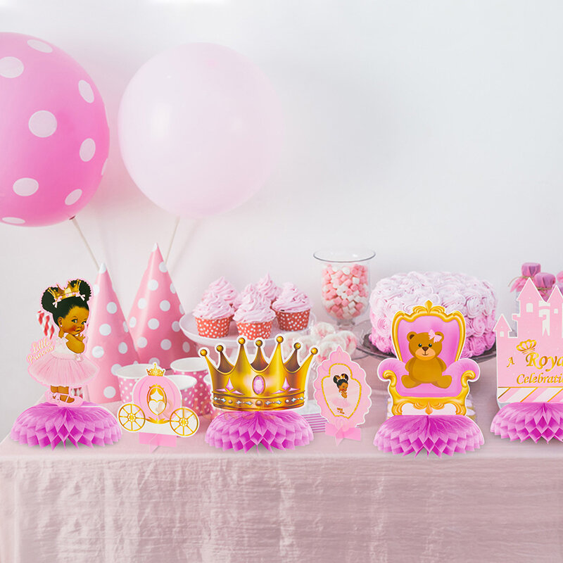 Decoración de fiesta de revelación de género para niñas, panal de abeja rosa, corona temática real, carruaje, decoración de mesa, centros de mesa, 12 piezas