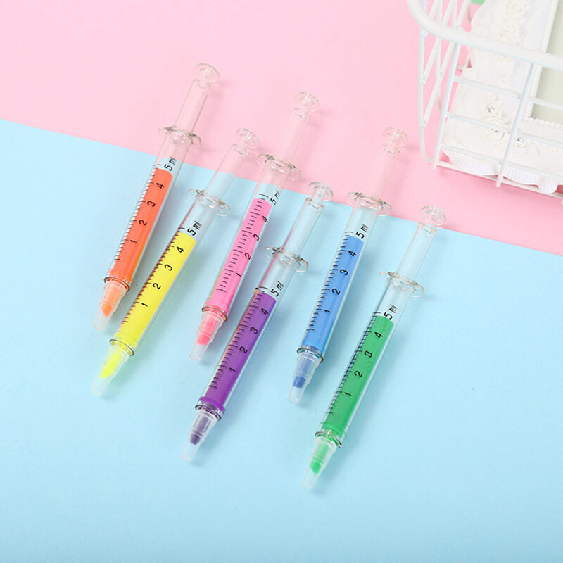 Syringe 6 warna kepala miring pena neon ditarik pena menyenangkan untuk perlengkapan sekolah siswa hadiah mainan pesta
