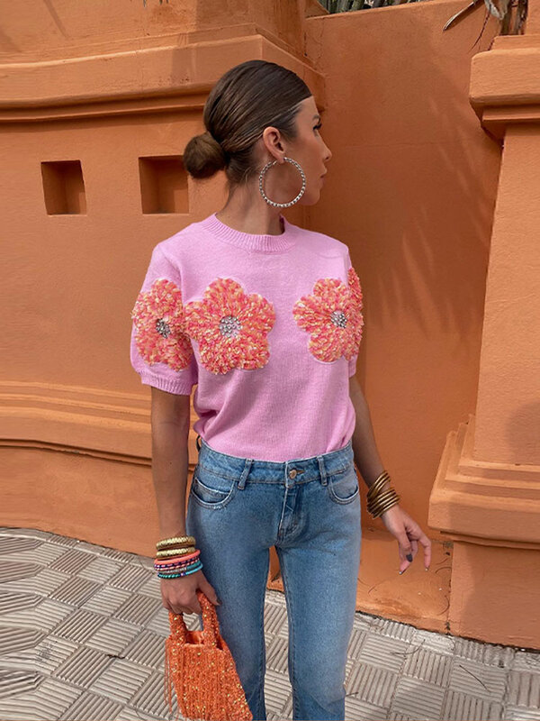 Fashion Women 3D Flower Knitted Sweater Elegant Lady O Neck Short Sleeved Pullover Tops 2024 Chic Female Commute Street Outfits