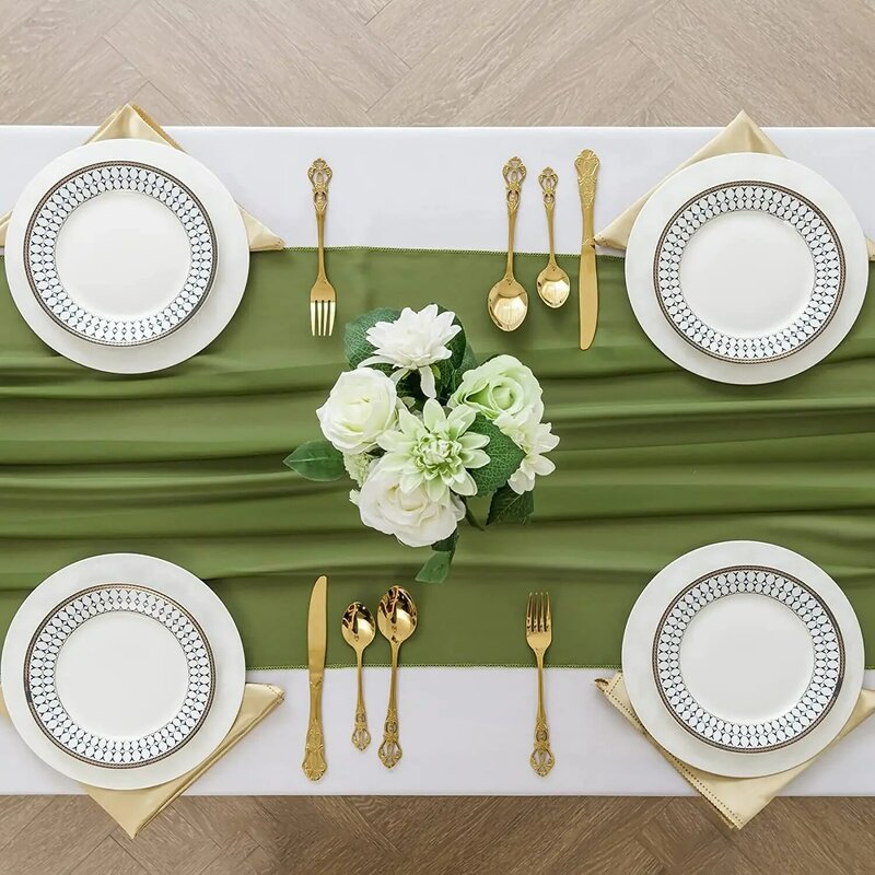 ผ้าปูโต๊ะผ้าชีฟองสีเขียวมะกอกขนาด27.5x118นิ้วโต๊ะวิ่งสำหรับงานแต่งงานงานเบบี้ชาวเวอร์แบบเรียบง่ายของตกแต่งโต๊ะทานอาหาร