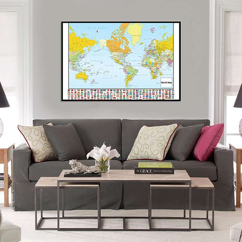 84*59cm o mapa do mundo arte da parede mapa detalhado não-cheiro pintura da lona sala de estar decoração casa escola material de ensino