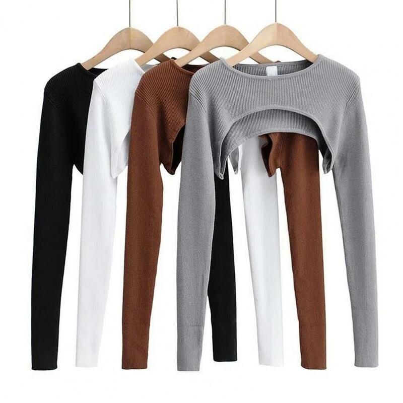 Women Crop Top Waist-exposed Short Round Neck Pullover Long Sleeve Soft Elastic Knitted T-shirt Matching Cover-up Top