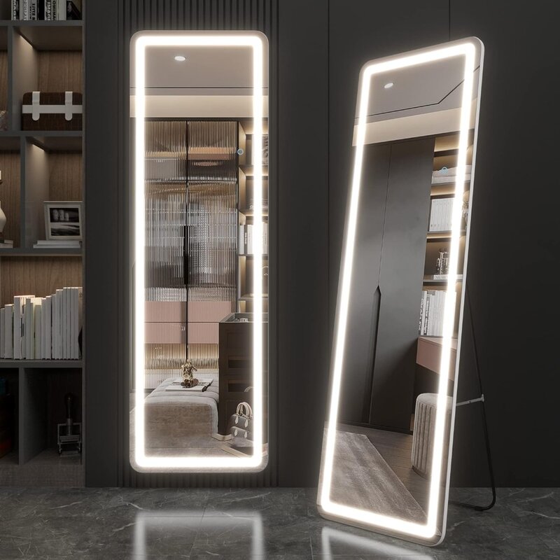 กระจกสะท้อนแสงความยาวเต็มพร้อมไฟกระจกตั้งพื้น63 "x 20" & แสง3สีไฟ LED เต็มตัวติดผนัง