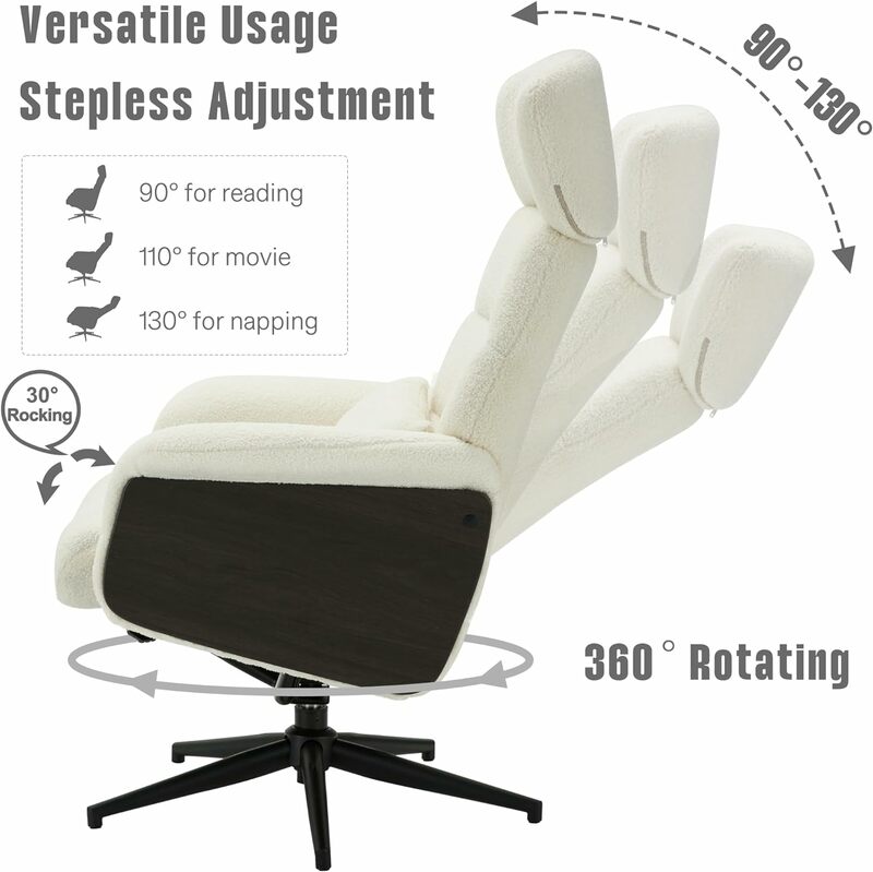 Białe krzesło Sherpa z otomańcem, fotel bujany z regulowanym oparciem, krzesło dziecięce ze skrzydełkiem