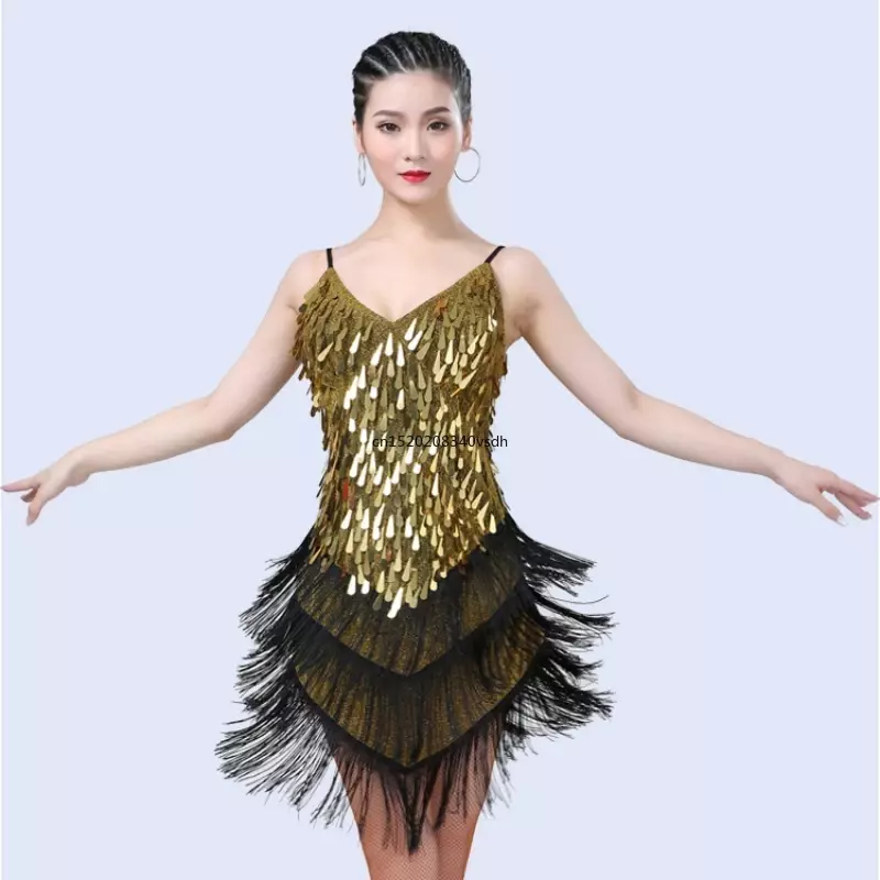 Salsa Samba Rumba Tango Latin Dance Dress Womens Straps Sparkling Sequins Gowns Rhythm Ballroom
