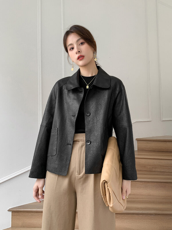 Jaket kulit domba longgar terbaru dengan jaket kulit asli pendek untuk wanita