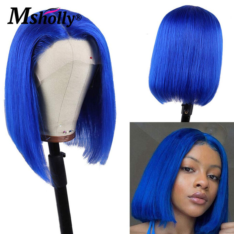Peluca de cabello humano con encaje Frontal, pelo corto Bob, color azul real, transparente, HD, predespuntado, Naturai, brasileño, 100%
