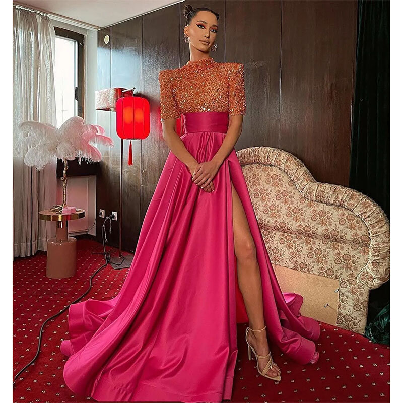 Rosa Rosa A Line Prom Dresses, Sequins High Neck Evening Dress, Sweep Train, Split formal, longo vestido de festa para ocasiões especiais