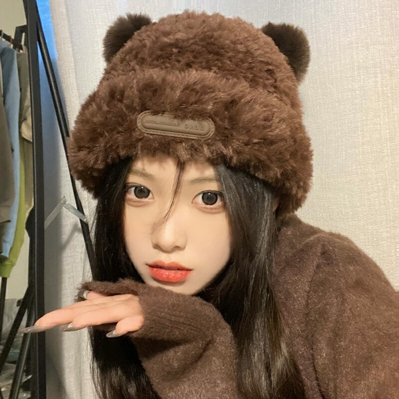 Cartoon Bear Cute Ear Women Earmuffs Cap Ear Protection Hat Solid Color Plush Beanies Girl Winter Warm Fluffy Fur Headgear Hats