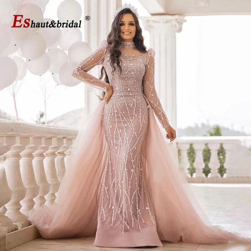 Elegant Pink Muslim Mermaid Evening Dress for Women 2025 Long Sleeves High Neck Beads Sequin Formal Prom Wedding Party Gowns