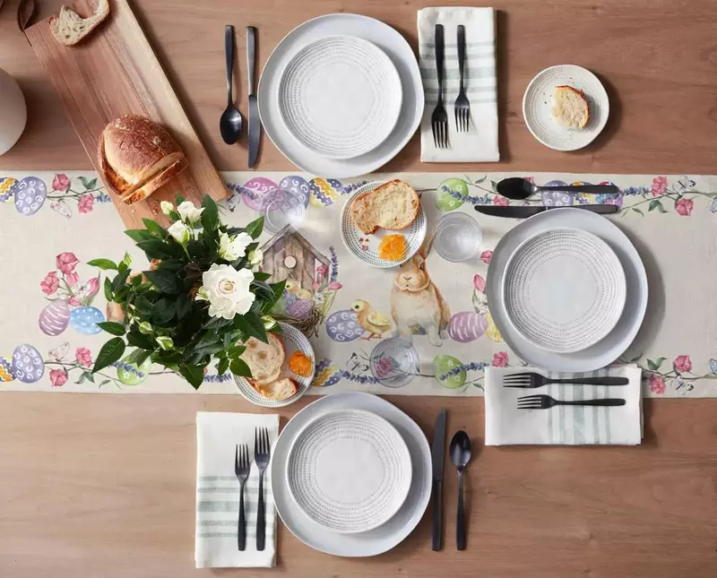 Corredores de mesa de lino de Pascua, decoración de mesa de comedor de primavera, bufandas de tocador de tulipán, huevos de colores de conejo, decoraciones de fiesta
