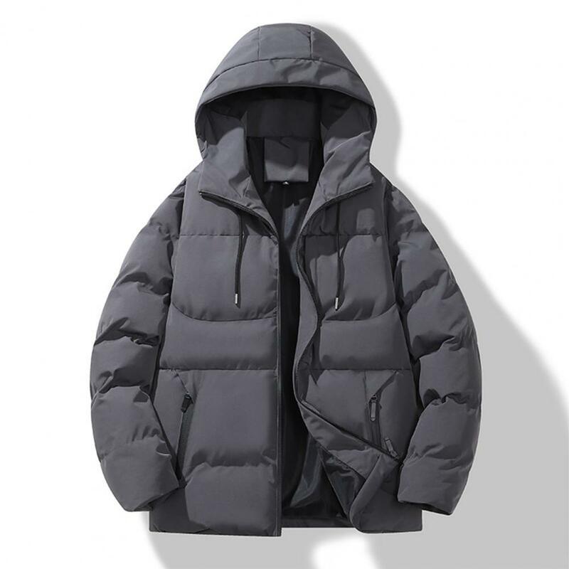 Casaco de bolsos com zíper masculino, casaco de algodão premium, espesso com zíper acolchoado, cor sólida quente, longo, inverno