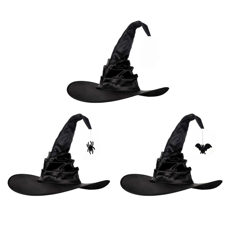 Topi Penyihir Halloween Uniseks Modis Topi Penyihir Lipat Hitam Kostum Pesta Tutup Kepala Properti Cosplay Iblis untuk Pria Wanita