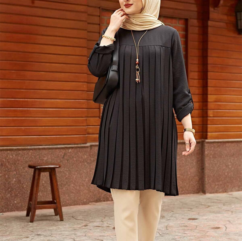 Muslim Pleated Blouse For Girl Women Hot Tops Adjustable Sleeve Blue Green Black Shirt Islamic Wear Summer O-neck Streetwear