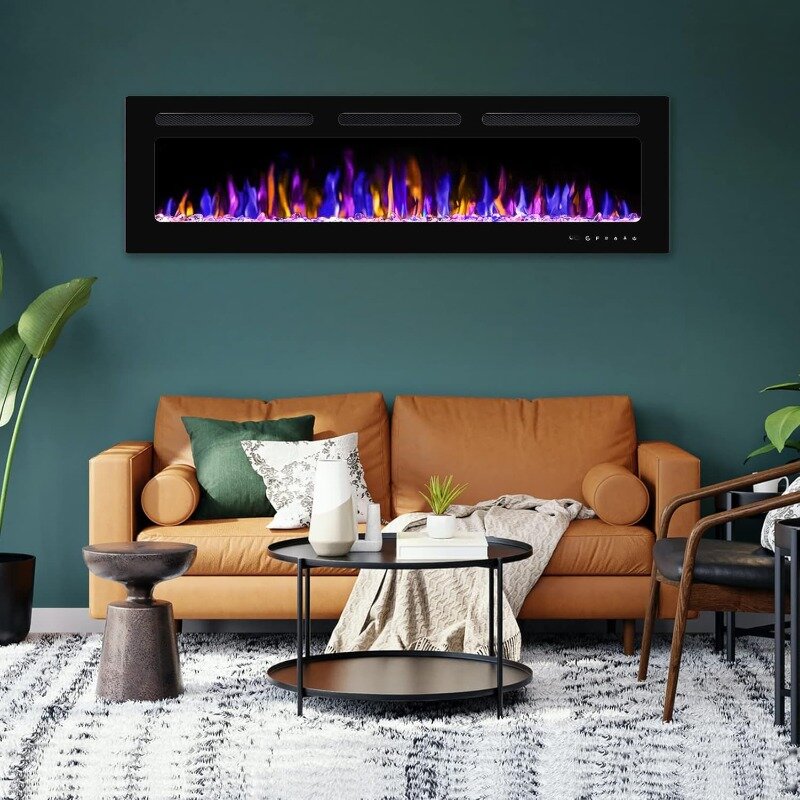 60" Electric Fireplace Wall Mounted and Recessed with Remote Control, 750/1500W Ultra-Thin Wall Fireplace Heater W/Timer