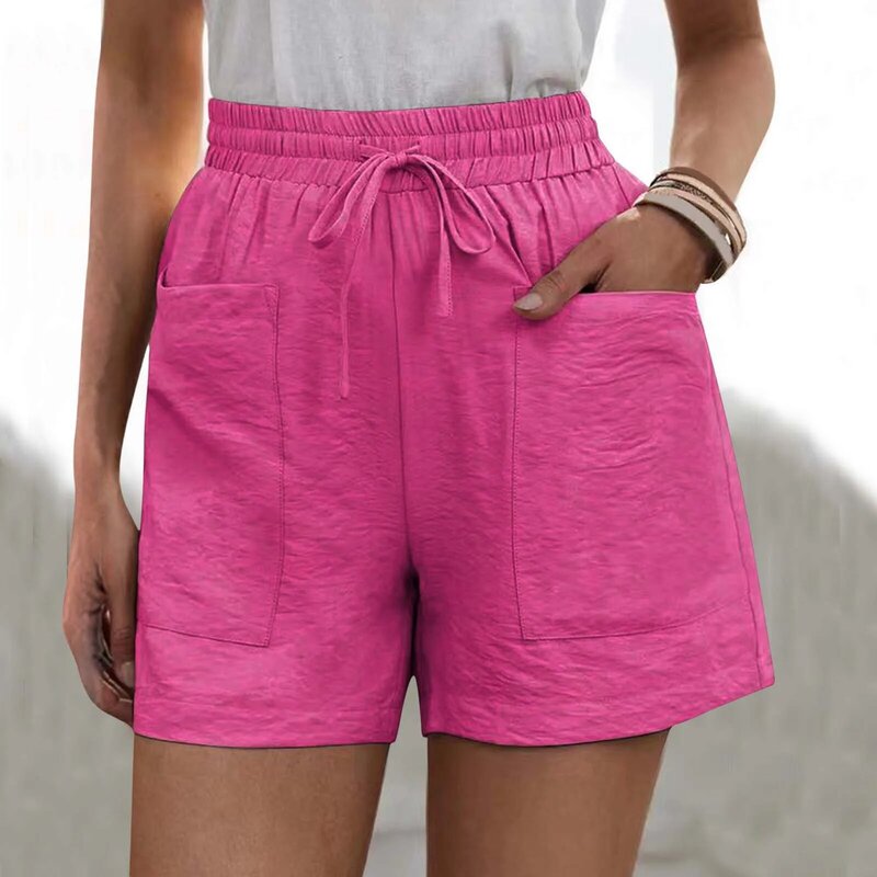 Baumwolle Leinen feste Shorts für Frauen 2024 Sommer mode lässig lose gerade Shorts Frauen elastische Taille kurze Hosen