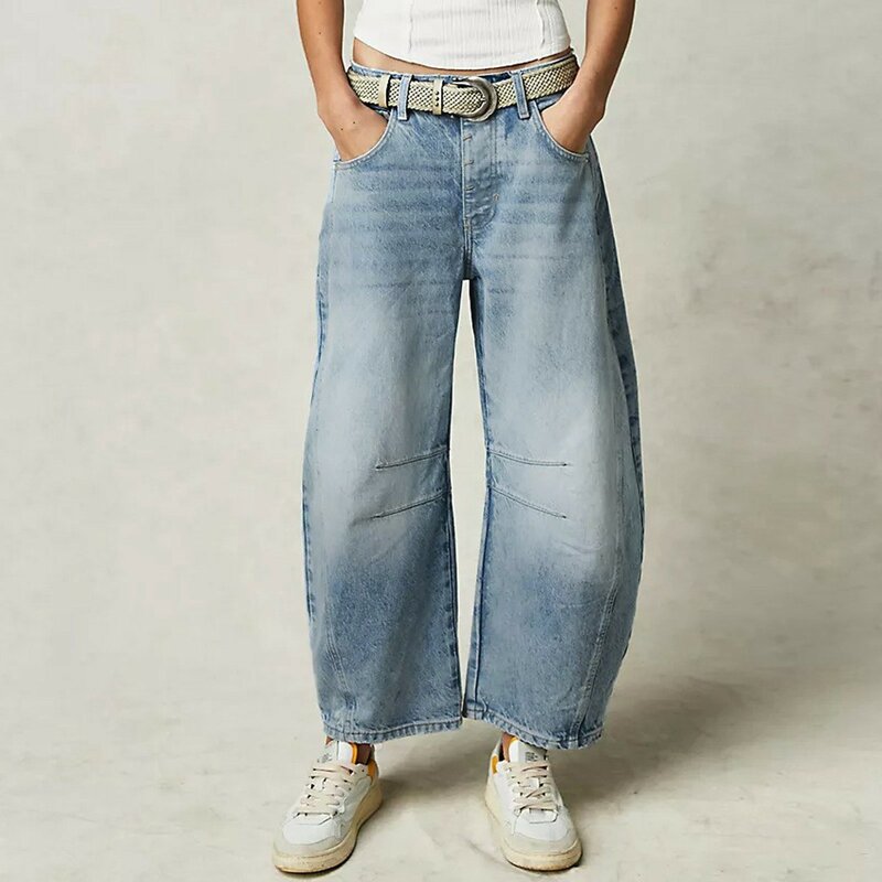 Jeans com cano médio para mulheres, perna larga, cintura média, calças jeans cortadas, jeans largos com bolsos, cintura alta