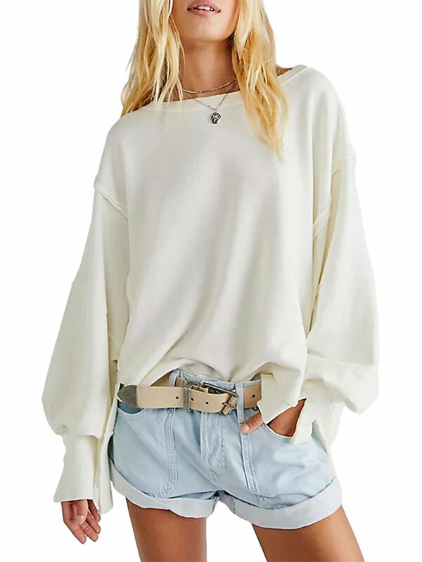 Women Oversized Long Sleeve Sweatshirts Crew Neck Split Pullover Tops Casual Loose Solid Color Drop Shoulder Shirts