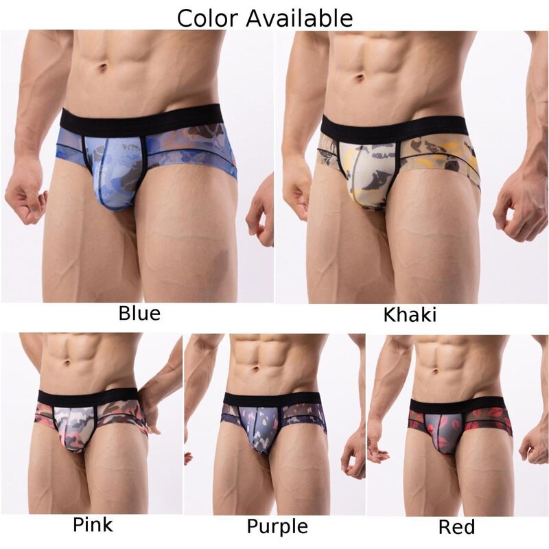 Ropa interior Sexy para hombre, calzoncillos de malla estampados, cintura baja, bolsa en U, tela de poliéster suave, disponible en rojo, caqui, azul, rosa y púrpura