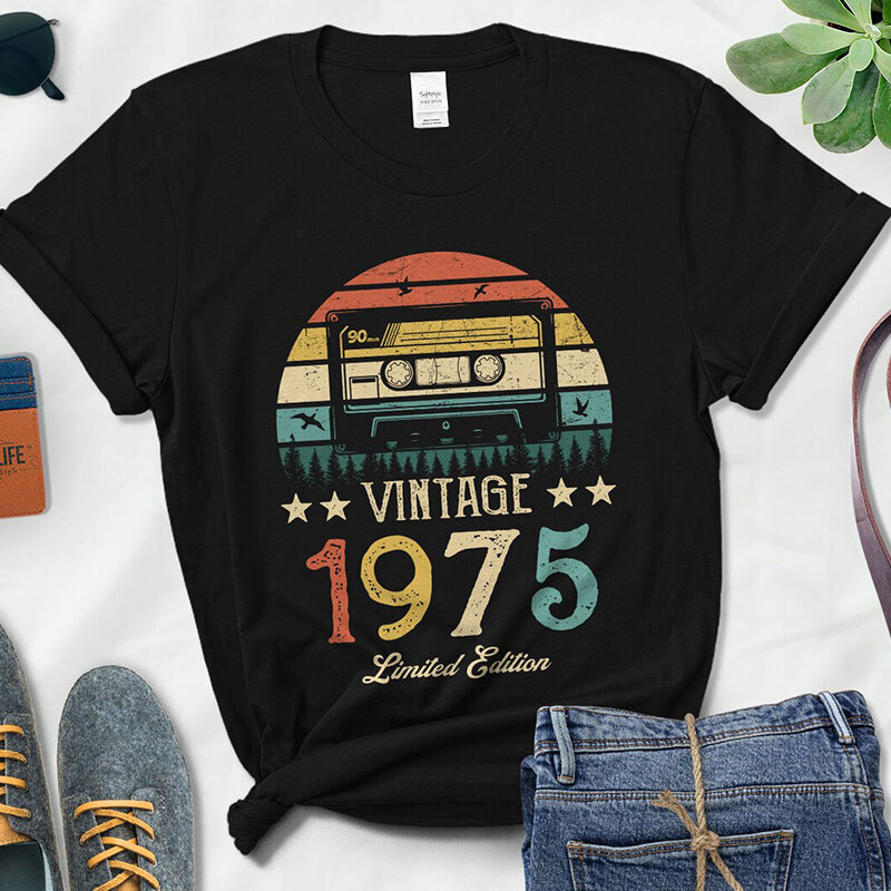 T-shirt noir vintage pour femme, édition limitée, cassette rétro, fête d'anniversaire, cadeau pour petite amie, 49 ans, 1975