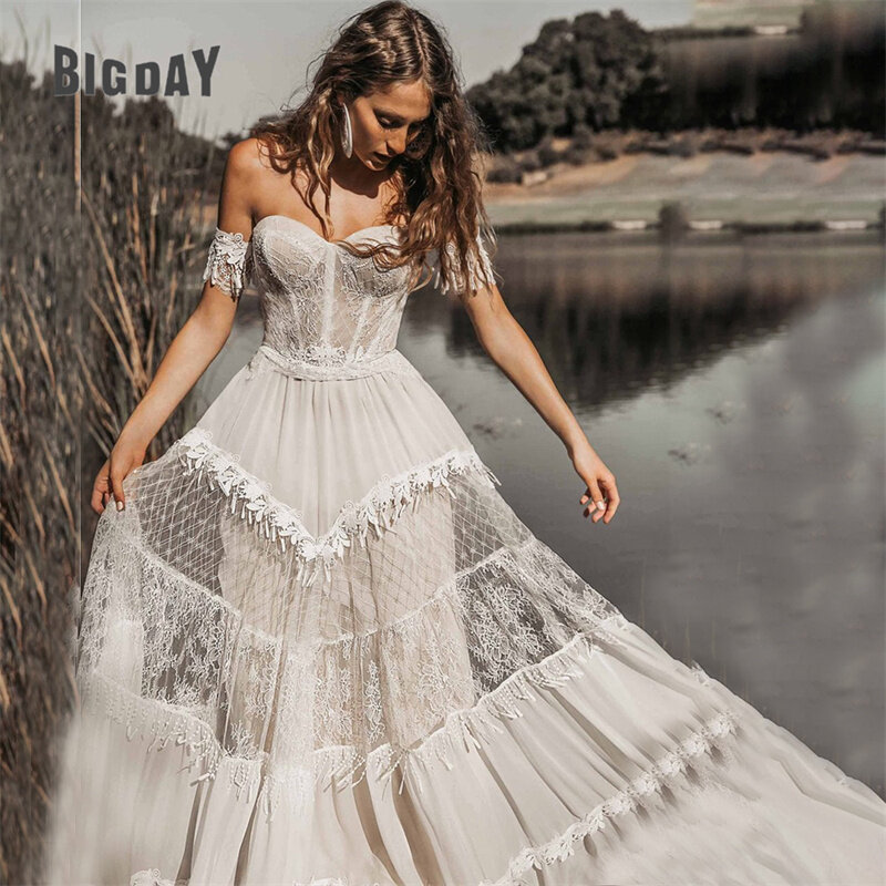 Gaun pengantin A-Line elegan gaun pengantin wanita buka belakang bahu kekasih renda Boho gaun pengantin menyapu kereta Vestidos De Noiva
