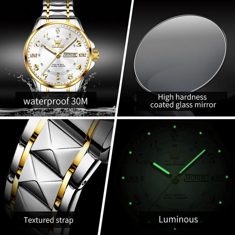 OLEVS 클래식 럭셔리 쿼츠 커플 시계, 방수 스테인레스 스틸 시계, 다이아몬드 숫자 다이얼 시계, 남녀공용, 오리지널 브랜드