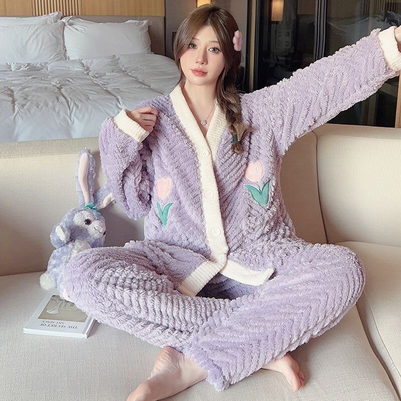 Pijama feminino coral espesso de lã, roupa de noite com decote em v, terno de lazer feminino, doce, tamanho grande, inverno