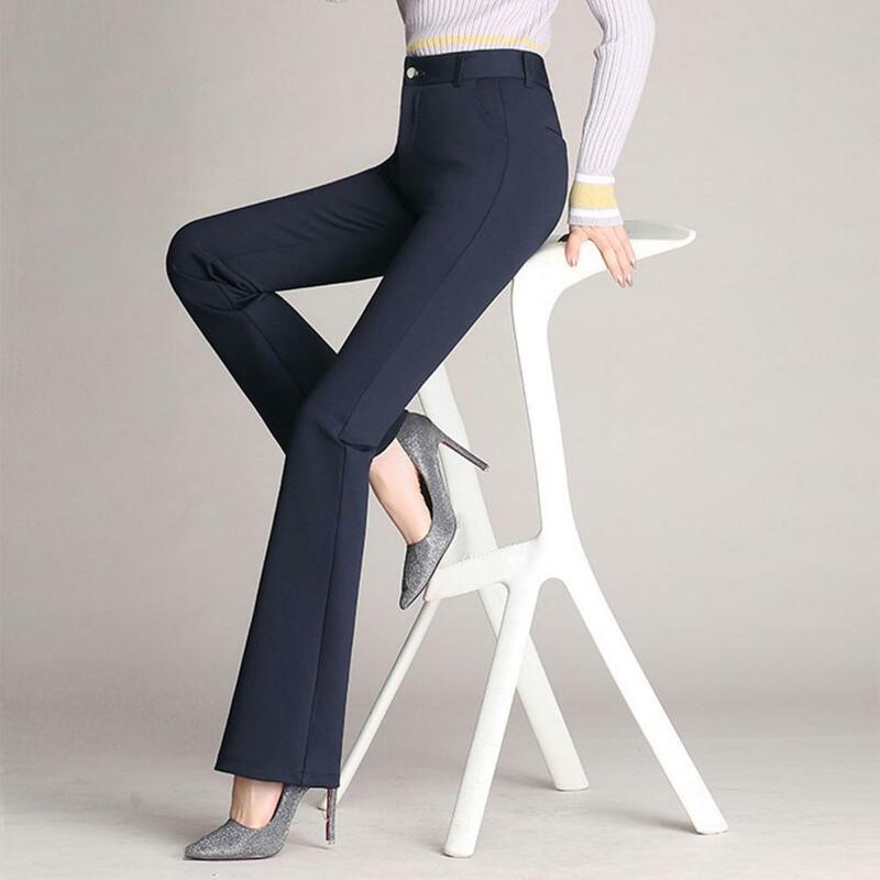 Elegantes calças lare de cintura alta para mulheres, vestuário de perna reta, calças com bolsos, mosca com zíper, elegante terno sólido