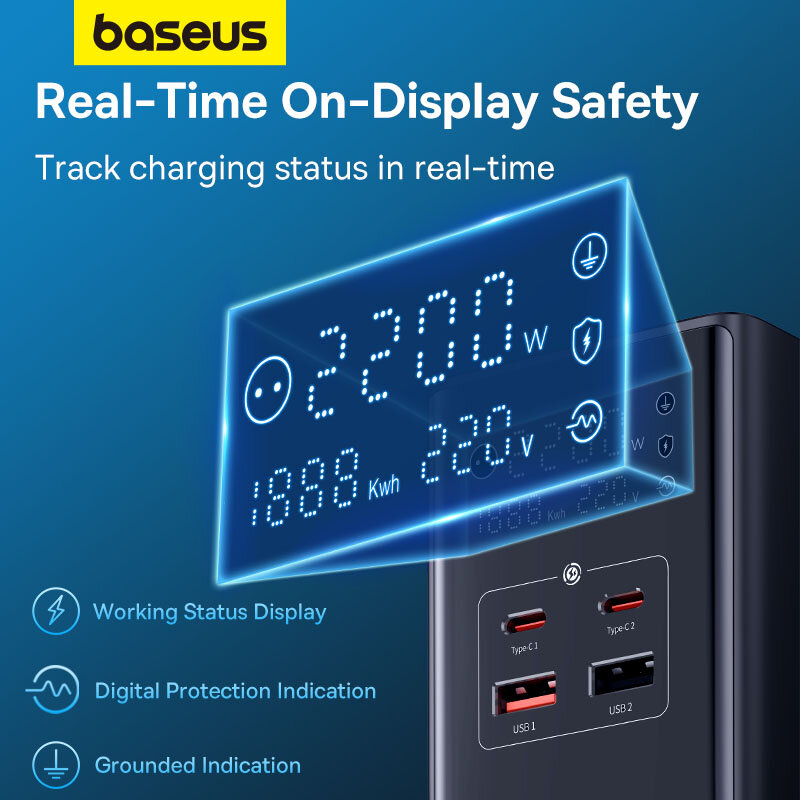 Быстрое зарядное устройство Baseus 35 Вт, цифровой удлинитель, зарядная станция 7-в-1, номинальная мощность 4000 Вт, цифровой дисплей для iPhone 15 14 Pro Max