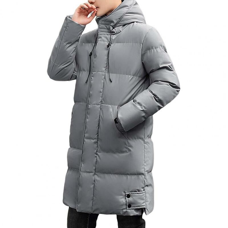 Midi Length Men's Down Coat Hooded Thickened Solid Color Padded Cardigan Keep Warm Zip Up Plus Size Men Winter Coat