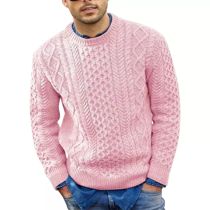 Suéter rosa para hombre, ropa interior cálida trenzada de punto, Color sólido, otoño e invierno, novedad de 2023