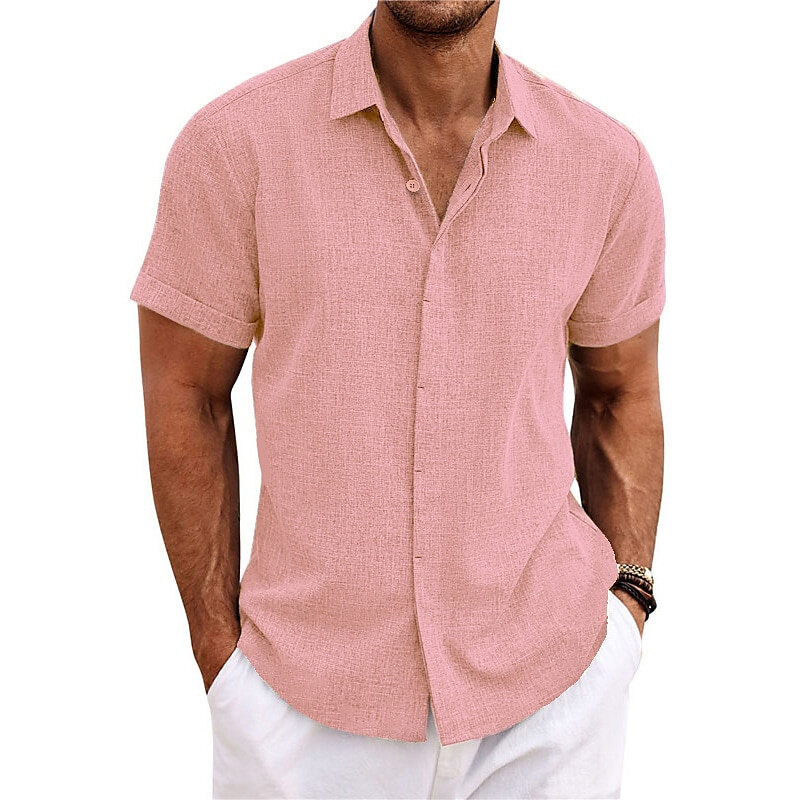 Рубашка Мужская льняная с коротким рукавом, повседневная с лацканами, белая/черная/розовая, на лето