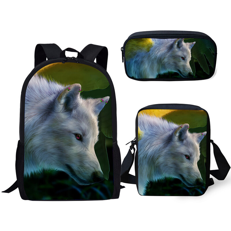 Klasyczna moda Fantasy Moon Wolf 3D Print 3 sztuk/zestaw szkolne torby mała torba na laptopa plecak pochylona torba na ramię piórnik