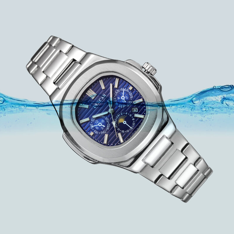 Dexcar jam tangan kuarsa fase bulan pria, arloji Stainless steel tahan air bercahaya untuk lelaki