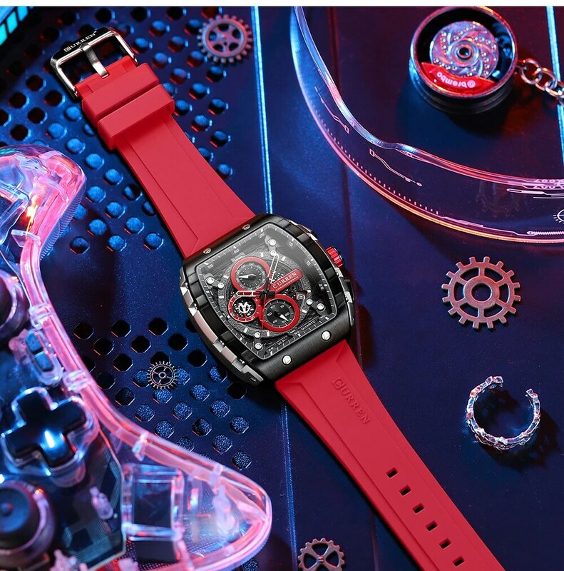 CURREN orologi sportivi alla moda con quadrante grande orologi da polso al quarzo dal Design rettangolare unico con cronografo data automatica 8442