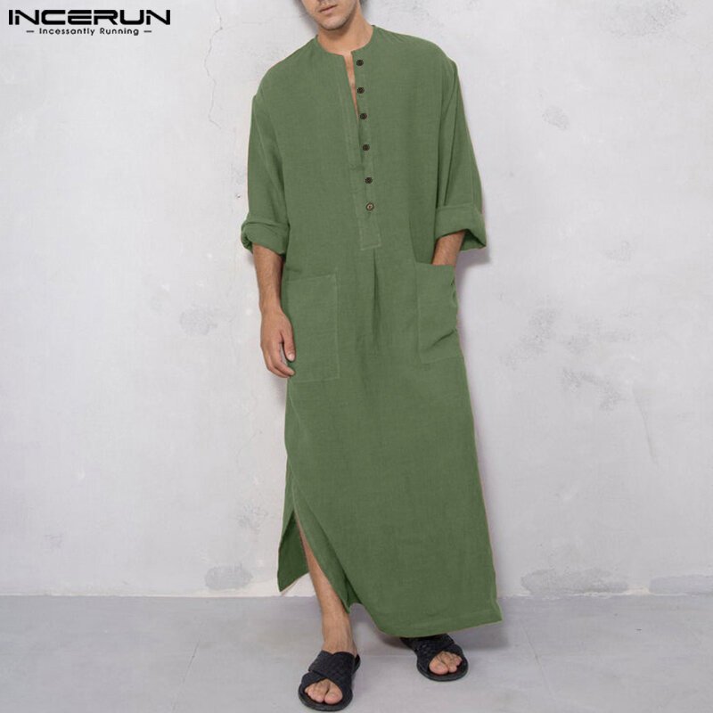 INCERUN-roupinha masculina estilo muçulmano, roupinha de manga comprida, pescoço em pé, barril de porta, combinação sólida, botão múltiplo simples, S-5XL, 2023