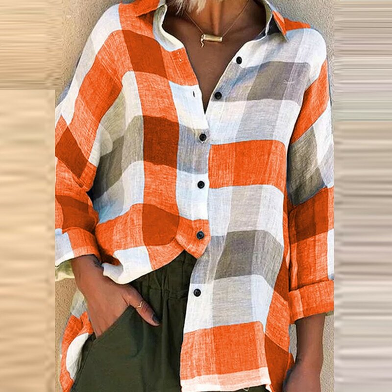 Women's Fashionable Loose Checked Printed Casual Long Sleeved Turn-down Collar Shirt Tops Cotton Linen Button Blouses