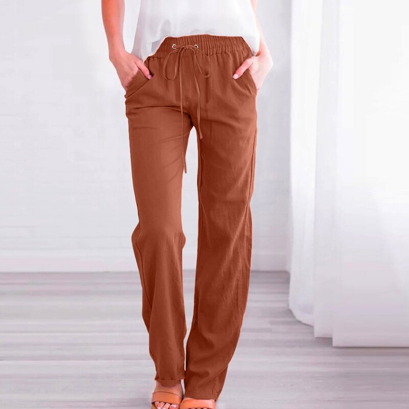 Celana panjang wanita katun Linen, celana panjang kasual elastis longgar tali kaki lebar pinggang tinggi warna polos elastis