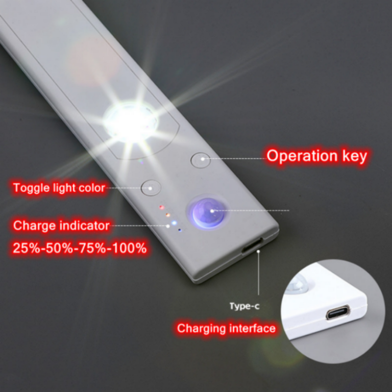 Motion Sensor LED Night Light, USB Lâmpada recarregável, LEDs de alumínio, Cozinha Wardrobe Gabinete Iluminação, 20cm, 30cm, 60cm