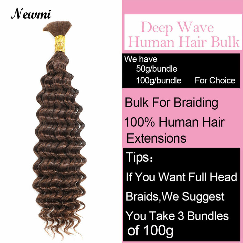 4# Deep Wave Human Braiding Hair Bulk For Micro Crochet Knotless Boho /Bohemian /Gypsy Braids Dark Brown Color Deep Curly Hair