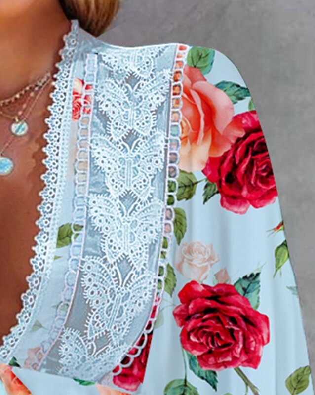 Atasan Wanita seksi 2024 kaus atasan longgar leher V dalam musim semi renda Boho motif bunga renda tambal sulam pinggiran rumbai lengan lentera