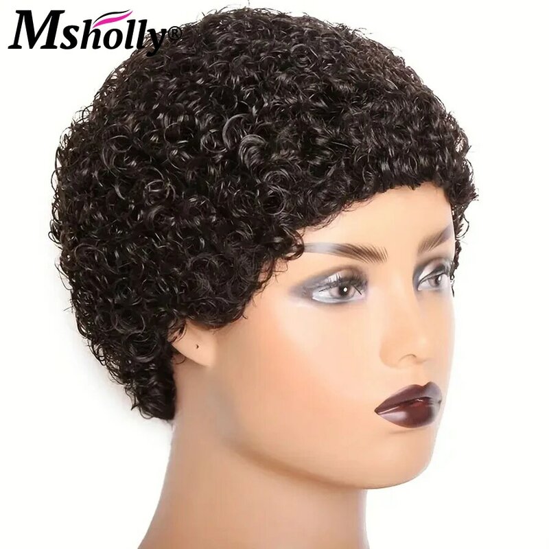 Kręcone krótkie fryzura Pixie peruka z ludzkich włosów Remy bezklejowa gotowa do noszenia czarnej peruka z kręconych włosów typu Kinky Afro, pełna maszyna wykonana peruki z grzywką