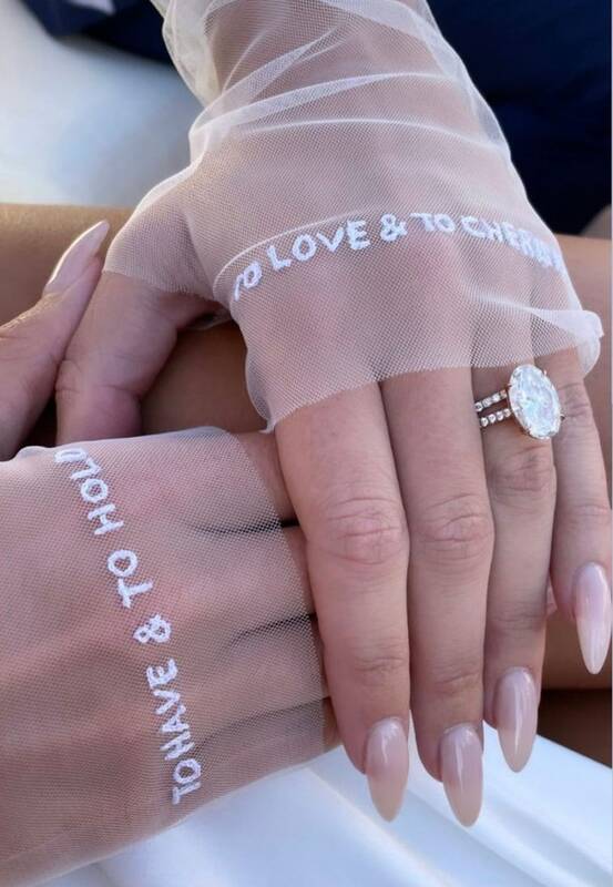 Guantes de boda de hilo de tul para mujer, guantes transparentes sin dedos, bordados a mano, con letras