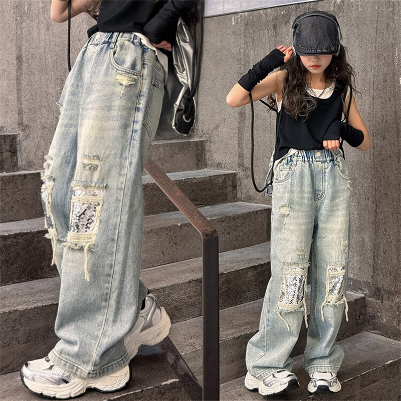 Модные яркие джинсы для девочек, новинка 2024, детские брюки с широкими штанинами, Стильные демисезонные рваные брюки